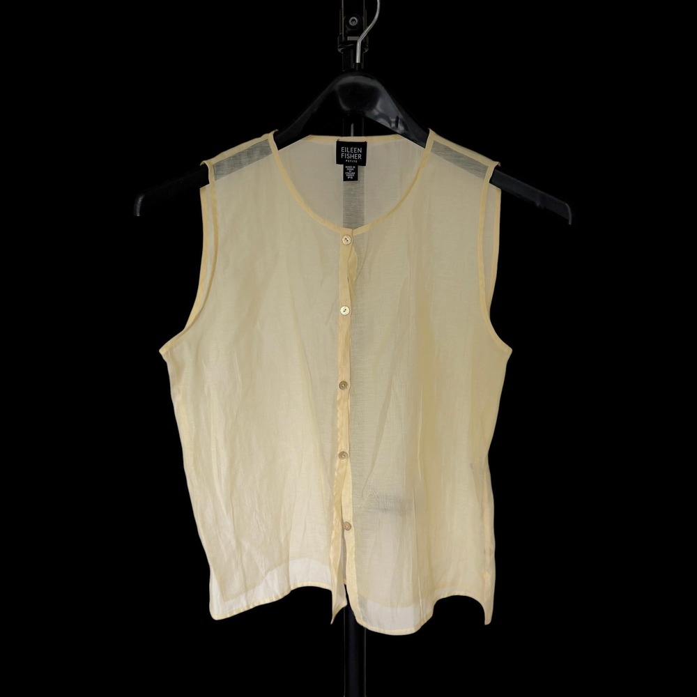 Eileen Fisher Petite Yellow Sheer Cotton Nylon Button Front Shell Top PS Italian